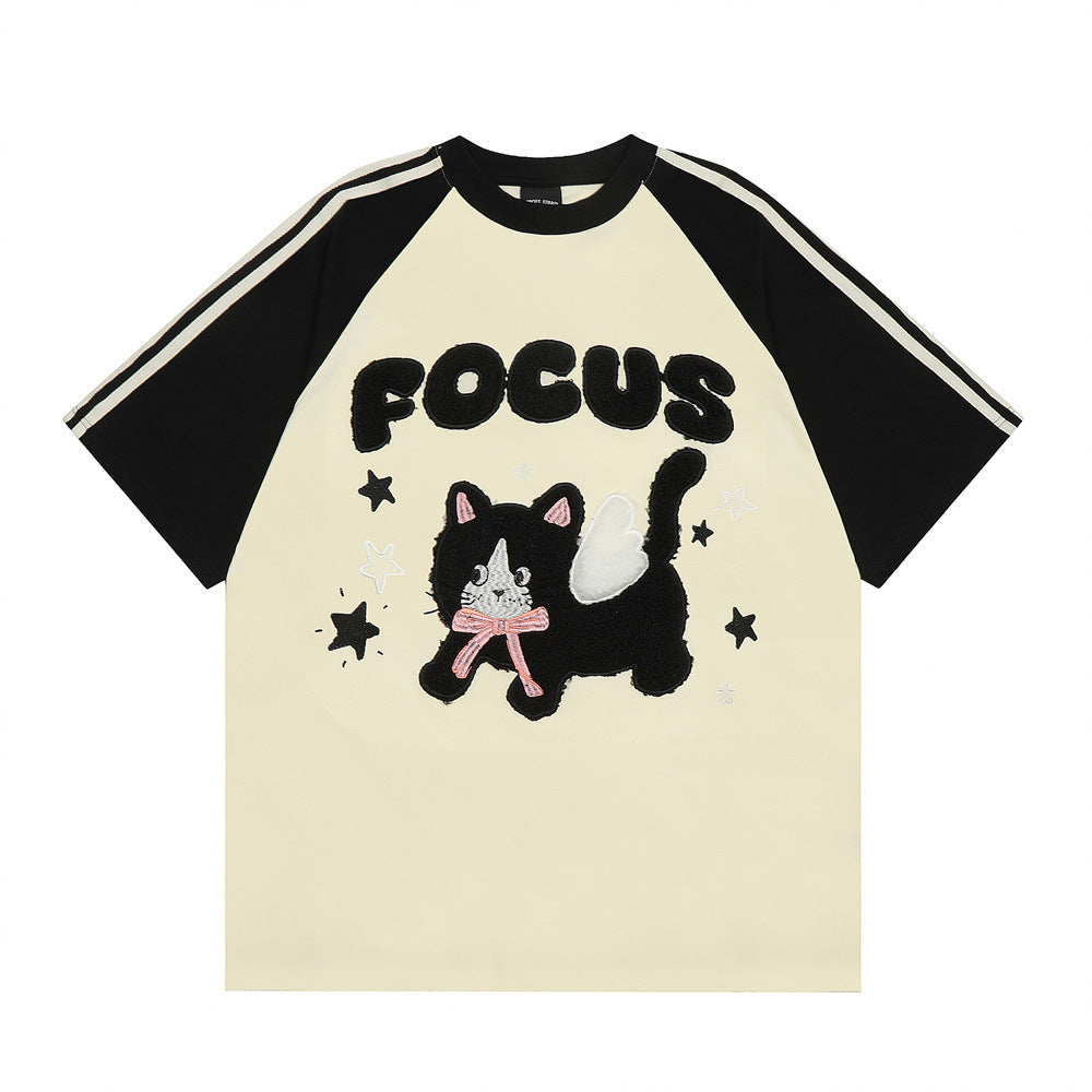 Cartoon Kitten Flocking Embroidered Short Sleeve Men