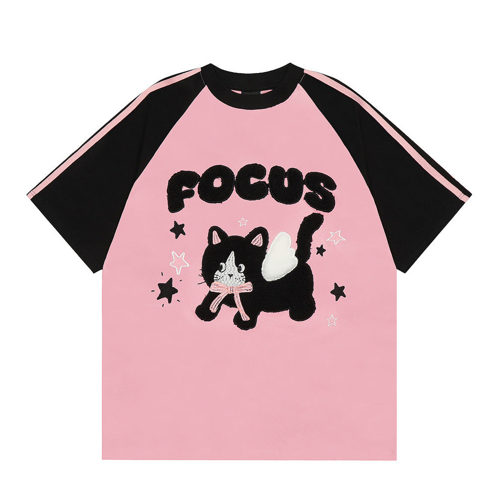 Cartoon Kitten Flocking Embroidered Short Sleeve Men