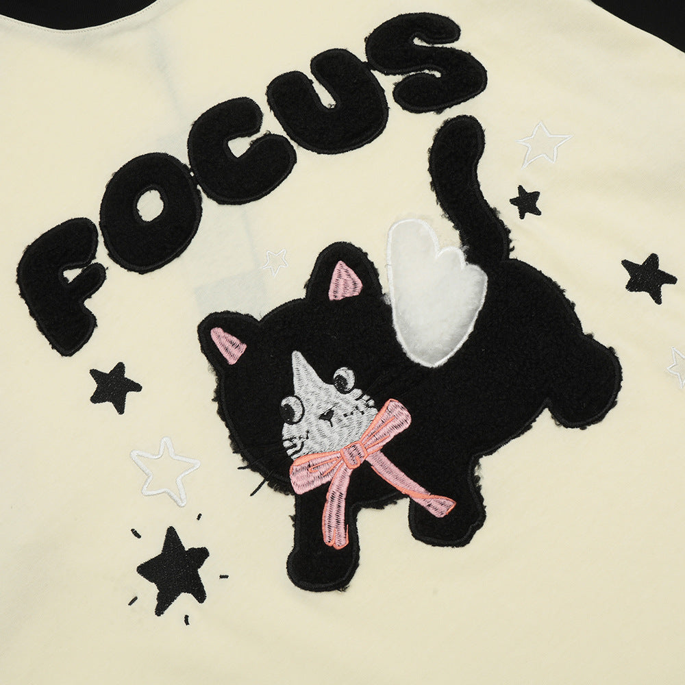 Cartoon Kitten Flocking Embroidered Short Sleeve Men