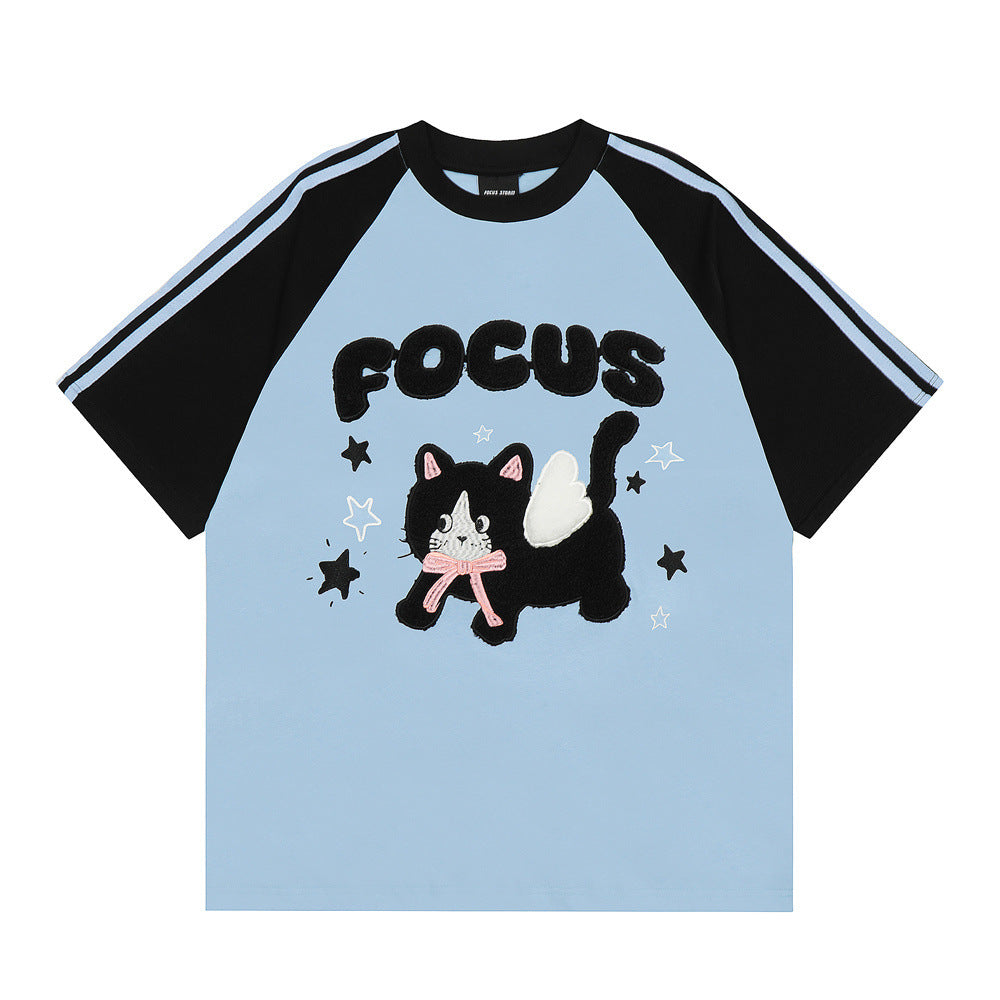 Cartoon Kitten Flocking Embroidered Short Sleeve Men